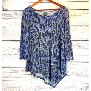 Ciara Sun Woo XS‎ Top Blue Black Abstract Print 3/4 Sleeve Asymmetrical